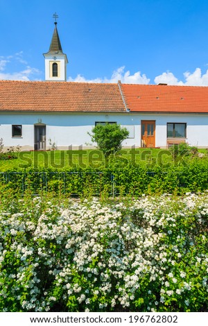 Flowers in garden of a church in spring, Burgenand, southern Austria
