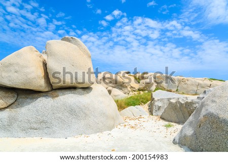 White rocks and stones on coast of Sardinia island near Spiaggia del Riso beach, Italy