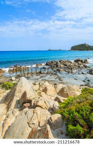 Green plants on rocks and view of beautiful azure sea water of Porto Giunco beach, Sardinia island, Italy