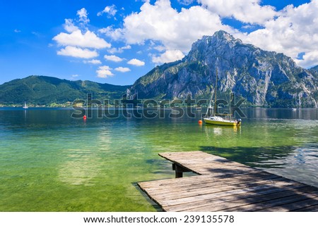 Wooden jetty for mooring yachts and boats on mountain lake, Gmunden, Traunsee, Upper Austria