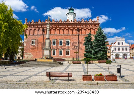 Square with town hall building in Sandomierz town in summer, Poland