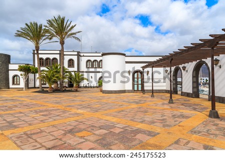Square with Canary style buildings in Rubicon port, Lanzarote, Canary Islands, Spain