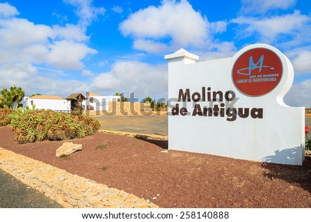 ANTIGUA, FUERTEVENTURA ISLAND - FEB 6, 2014: entrance sign to museum in Antigua town where old windmills are located, most famous landmark of Fuerteventura island.