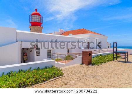 CABO SAO VICENTE LIGHTHOUSE, PORTUGAL - MAY 15, 2015: buildings of Cabo Sao Vicente lighthouse on coast of Portugal near Lagos. This is Europeâ??s southwestern most point.