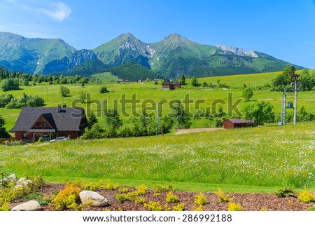 Wooden houses on green meadow with Tatry Bielskie Mountains in background in summer, Slovakia