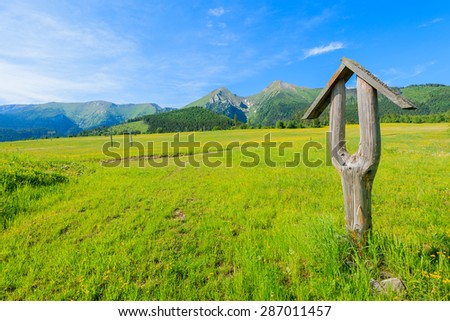 Wooden hiking trail sign on green meadow in summer landscape of Tatra Mountains, Slovakia