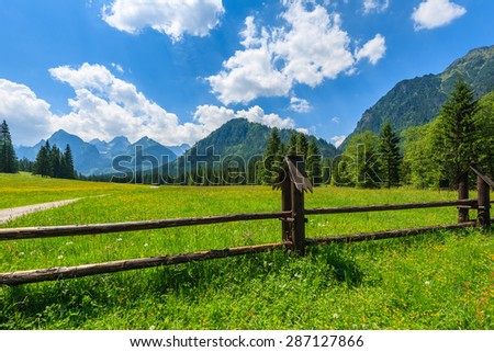 Wooden fence on on green meadow in summer landscape of High Tatra Mountains, Slovakia