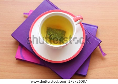 Hot tea on the purple book