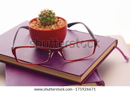 Glasses purple  book and cactus put on the notebook