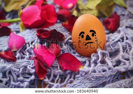 Egg sad on the purple fabric