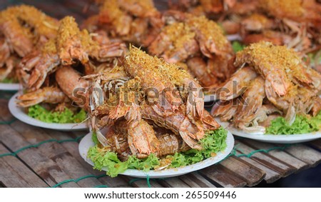 Thai food, mantis shrimp fried with garlic and peppercorns, Seafood dishes of Thailand.