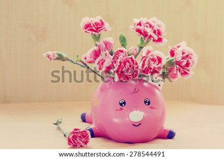 still life flowers, Carnation flowers in pink pig vase
