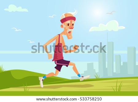 Old sport man character running. Healthy lifestyle. Vector flat cartoon illustration