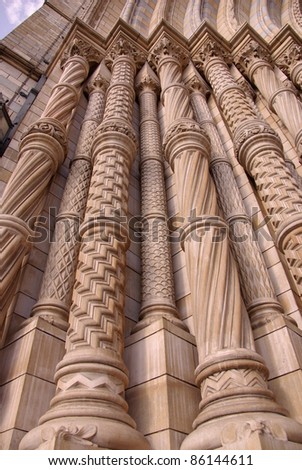 A detail of the grand entrance of the historic waterhouse building with the basalt columns in Kensington in London  accommodating the natural history museum