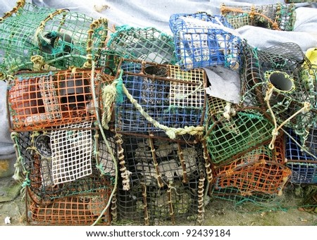 Basket fish traps in Cacais in Portugal to catch crab and lobster in the atlantic ocean