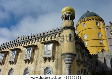 A detail of the the fairy tale and colorful Pena castle in Sintra in Portugal