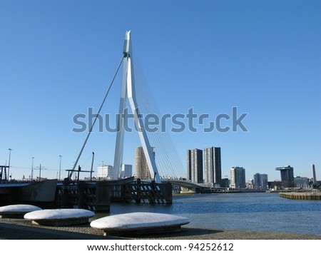 Skyscrapers and the Erasmus bridge over the river Meuse in Rotterdam in the Netherlands
