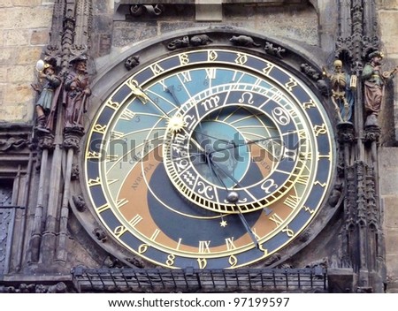 The monumental clock of the town hall in Prague in the Czech republic