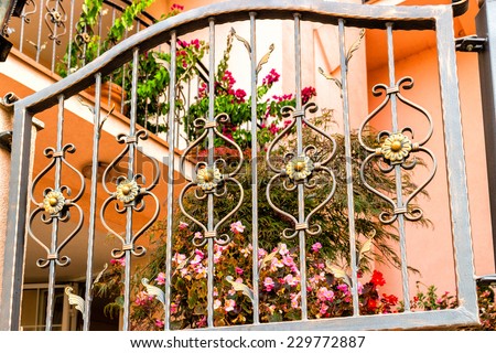 Dark iron grated gate with metal fake flowers similar to daisies and real flowers of Impatiens