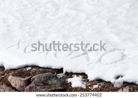 Xoxoxo meaning Hugs And Kisses, written in capital letters on frozen white snow while brown weeds and moss in the foreground