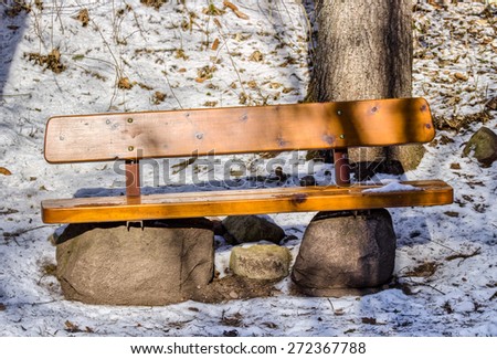 Wood and rock bench in a forest of green pines and firs on Dolomites snowy mountains in winter