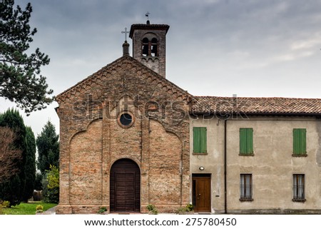 Brickwall facade of the XVI century church dedicated to The Ascension of Jesus Christ in the village of  Ascensione near Ravenna in the countryside of Emilia Romagna in Italy: it dates back to 1534