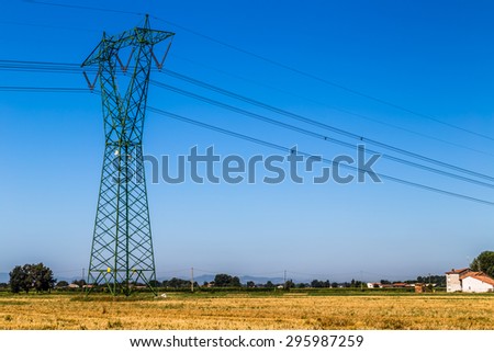 agriculture and industry - woman dressed in pink while collecting agricultural products under a high voltage giant pylon