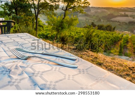 cutlery for a dinner in nature - fork and knife resting on a table with crops, fruit trees and vineyards in the countryside in the background