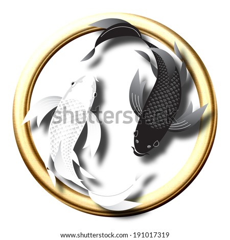 Stylized butterfly koi fish swimming in ying yang symbol over gold circle.
