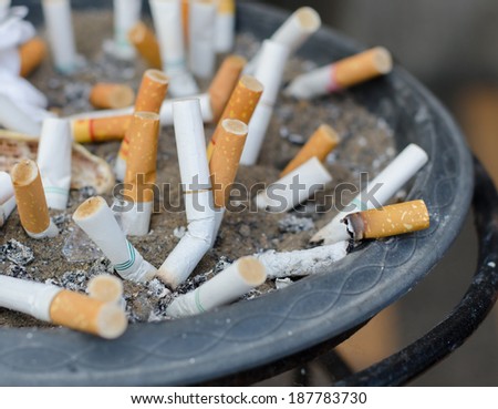Burnt cigarettes stuck in sand, close up.