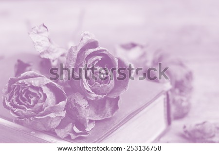 Dry roses on the old book with wood background, vintage style.
