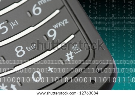 Closeup of mobile phone keypad on a binary code graphic background.