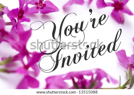 Invitation with pink phlox background and elegant script text (public domain free type).