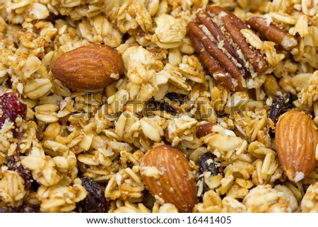 Close-up of natural granola with fruits and nuts.
