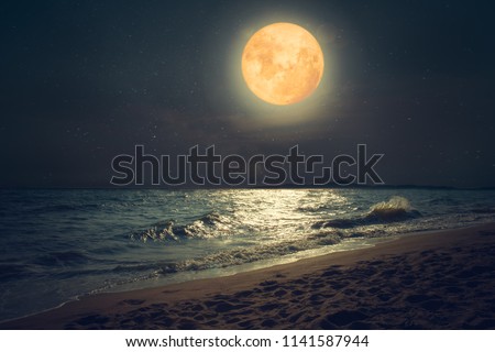 Beautiful fantasy tropical sea beach. Full moon (super moon) with star over seascape in night skies. Serenity nature background at nighttime. vintage and retro color filter style.