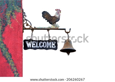 Classic Door Bell with silhouette  of  chicken vintage welcome label isolate on white