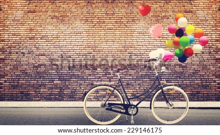 Card of bicycle vintage with heart balloon on road urban city concept of love in summer and wedding honeymoon