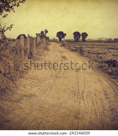 Landscape of vintage nature background, morning in the countryside Street (sepia color tone image)