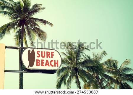 Vintage surf beach signage and coconut palm tree on tropical beach blue sky with sunlight of morning in summer,  instagram filter