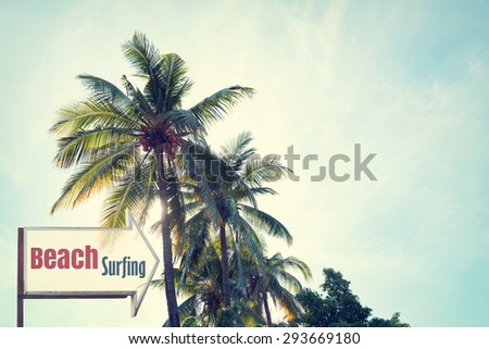 Vintage surf beach signage and coconut palm tree on tropical beach blue sky with sunlight of morning in summer,  instagram retro filter