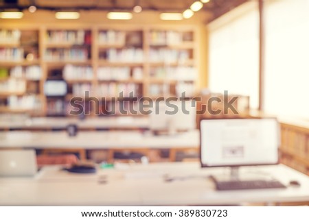 Library room interior blur background for your design - vintage color style