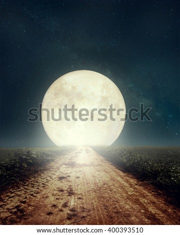 Beautiful countryside road with Milky Way star in night skies, full moon - Retro style artwork with vintage color tone(Elements of this moon image furnished by NASA)