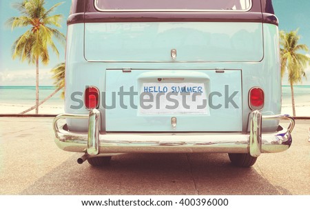 Journey of holiday - Rear of vintage classic van parked side beach in summer