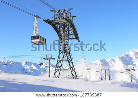 Ski cabin lift. Mountain landscape. Alps. France.