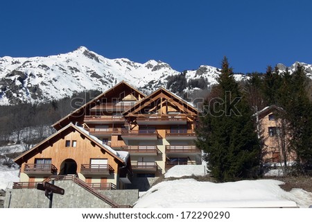 Mountains. Mountain landscape.Hotel. House. Vaujany. Alps. France