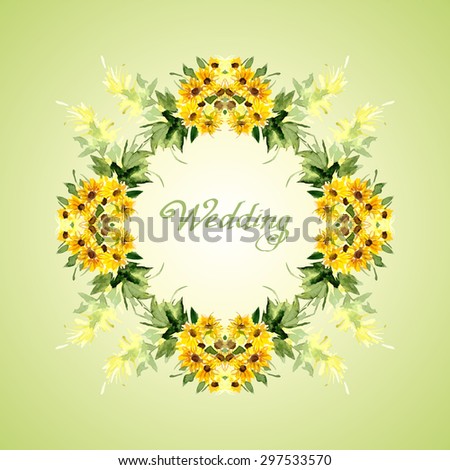 Watercolor card with flowers sunflower. Can be used for banner, cards, wedding invitations, etc. Vector illustration