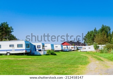 Camping life with caravans in nature park