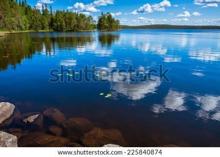 pine forest reflection in the lake in the Salamajarvi National Park, Finland