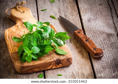 bunch of fresh organic basil in olive cutting board with knife on rustic wooden background