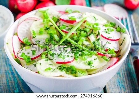 salad of fresh organic radish and cucumber with dill and green onions in white bowl closeup